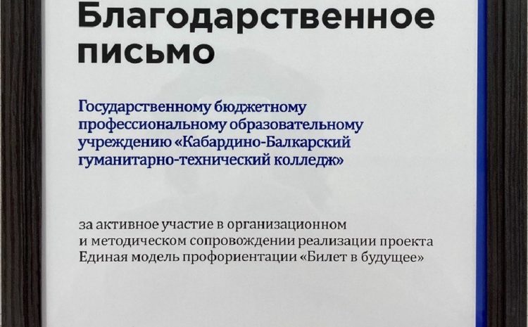 Благодарственное письмо за активное участие в организационном и методическом сопровождении реализации проекта ЕМП «Билет в будущее»